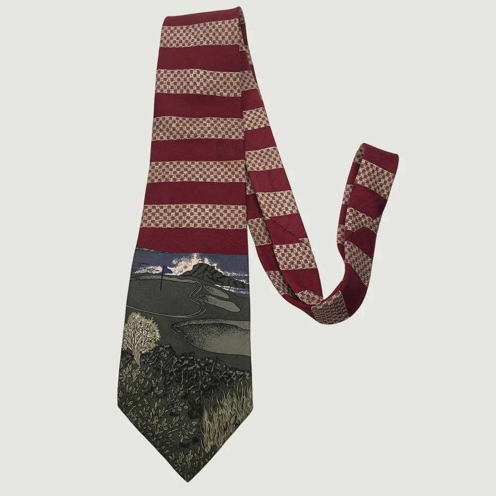 Pebble Beach Men's Art Vintage Golf Course Scene Striped Burgundy Silk Blend Tie